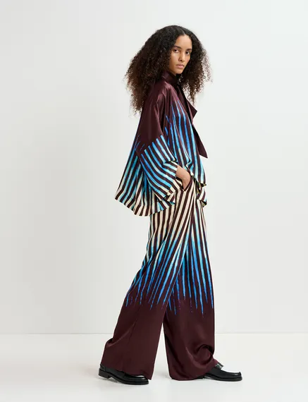 Bruine, blauwe en ecru oversized top met strikkraag