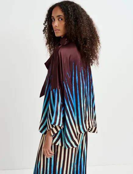 Bruine, blauwe en ecru oversized top met strikkraag