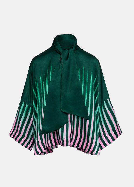 Dark green, green and pink oversized top with pussy bow