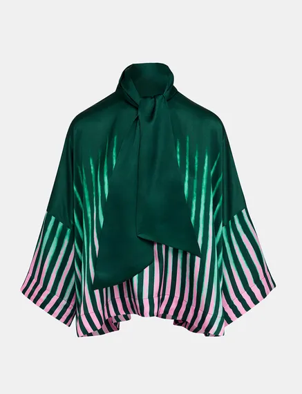 Donkergroene, groene en roze oversized top met strikkraag