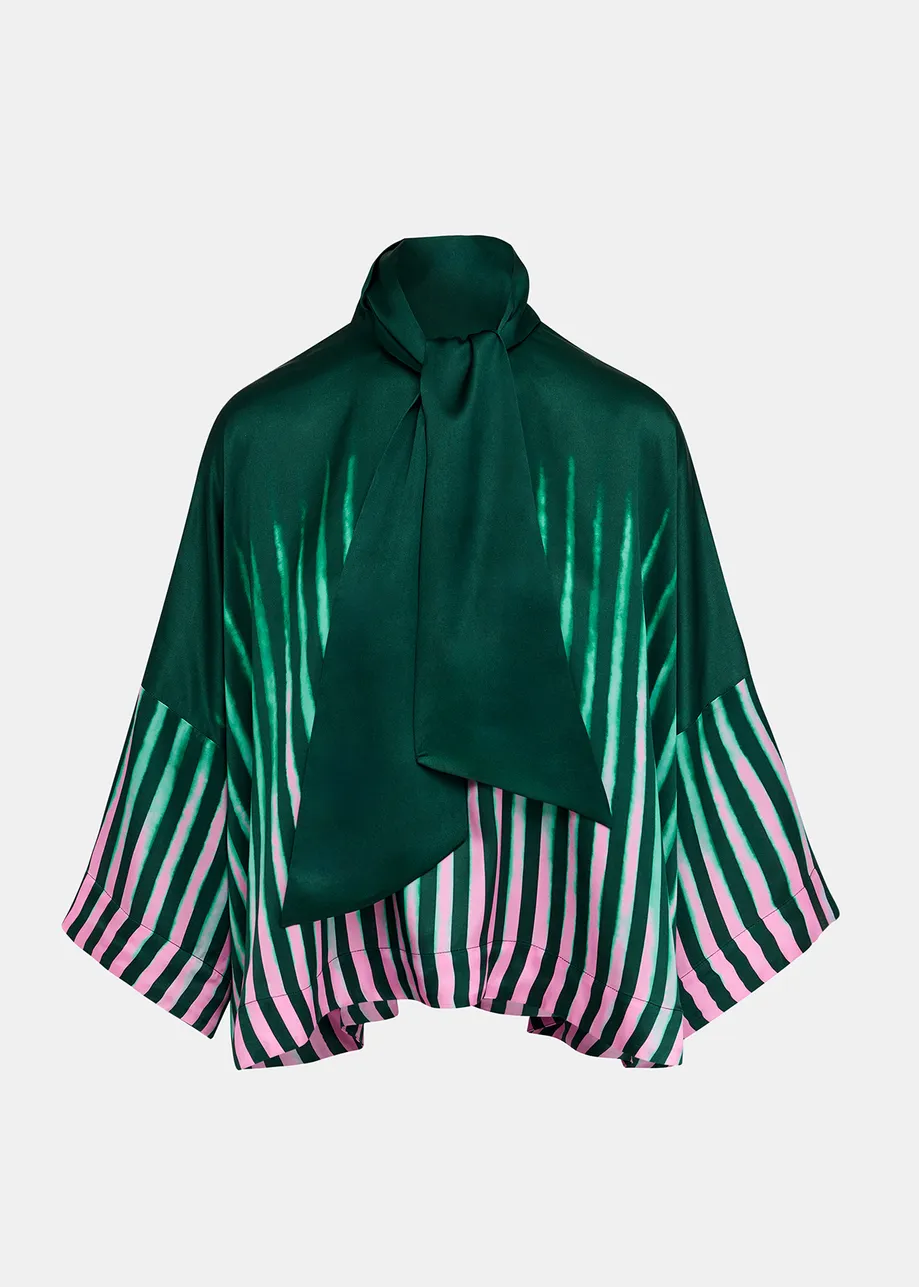 Donkergroene, groene en roze oversized top met strikkraag