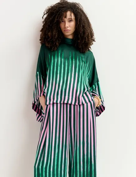 Top oversize con lazo, verde oscuro, verde y rosa