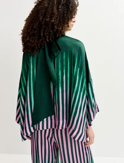 Top oversize verde scuro, verde e rosa con fiocco a cravatta