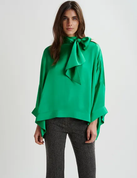 Green oversized top with pussy bow