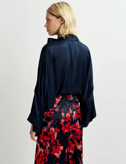 Top oversize blu navy con fiocco a cravatta