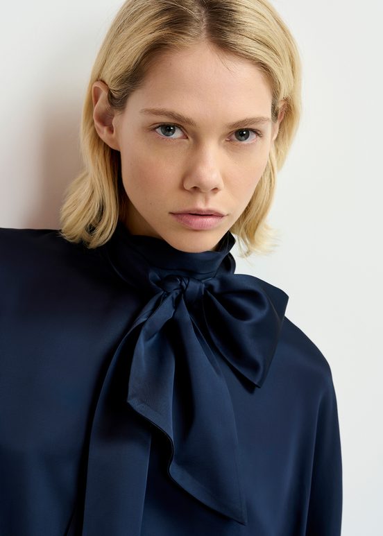 Navy blue oversized top with pussy bow