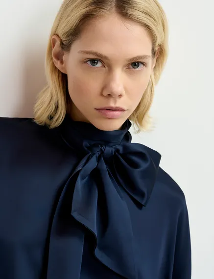 Navy blue oversized top with pussy bow