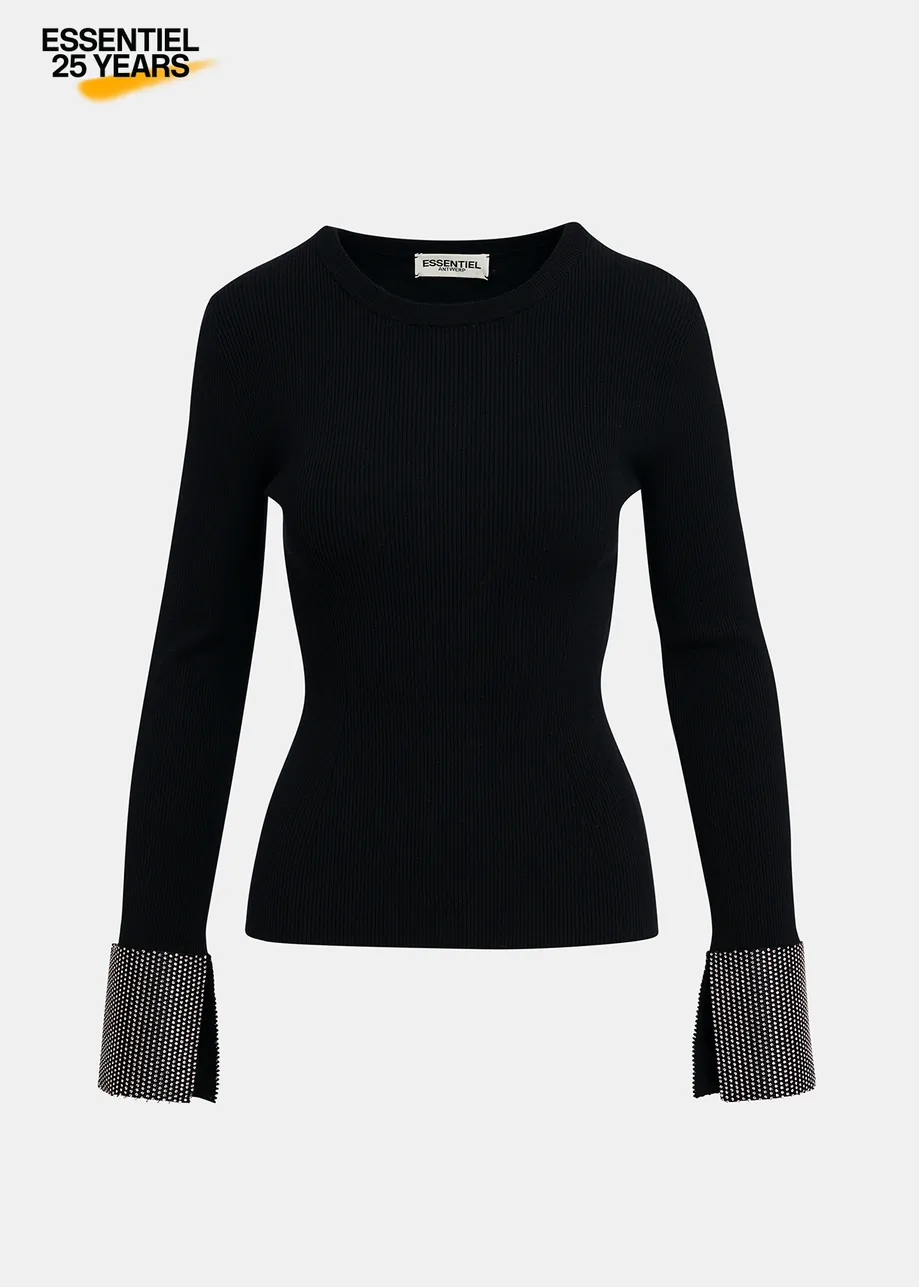 Black rib-knitted sweater with rhinestone-embellished cuffs - 25 year exclusive