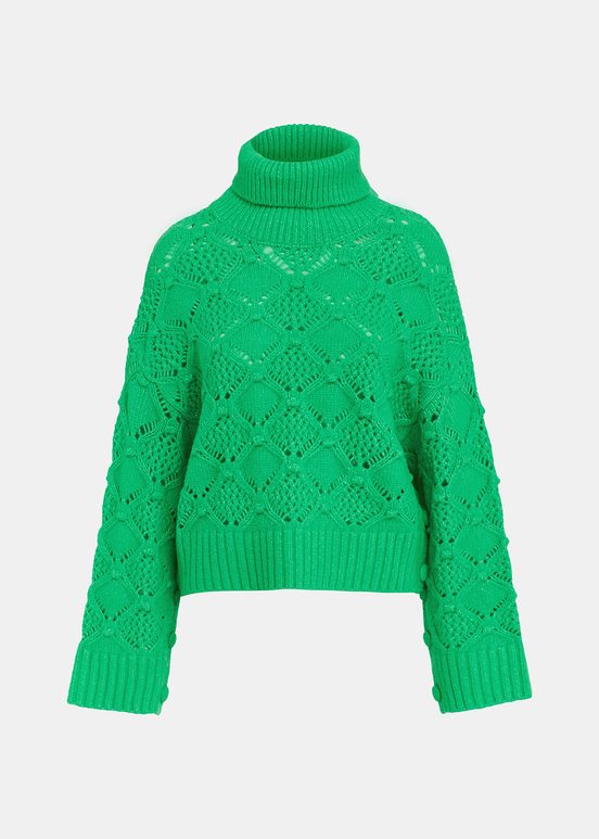 Green cable-knit turtleneck sweater