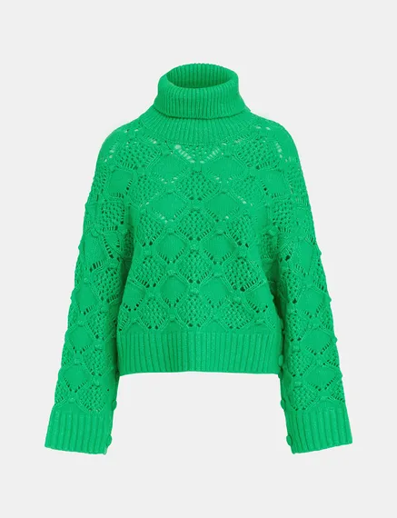 Green cable-knit turtleneck sweater