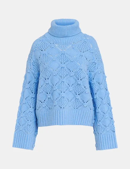 Blue cable-knit turtleneck sweater