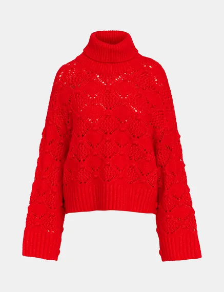 Red cable-knit turtleneck sweater