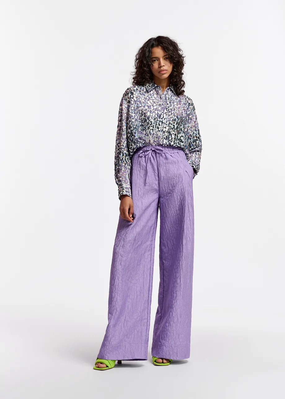 Lilac floral-jacquard wide-leg pants