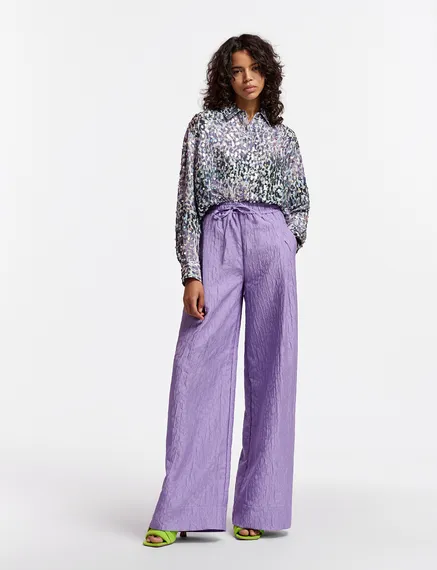 Pantalon large en jacquard fleuri lilas