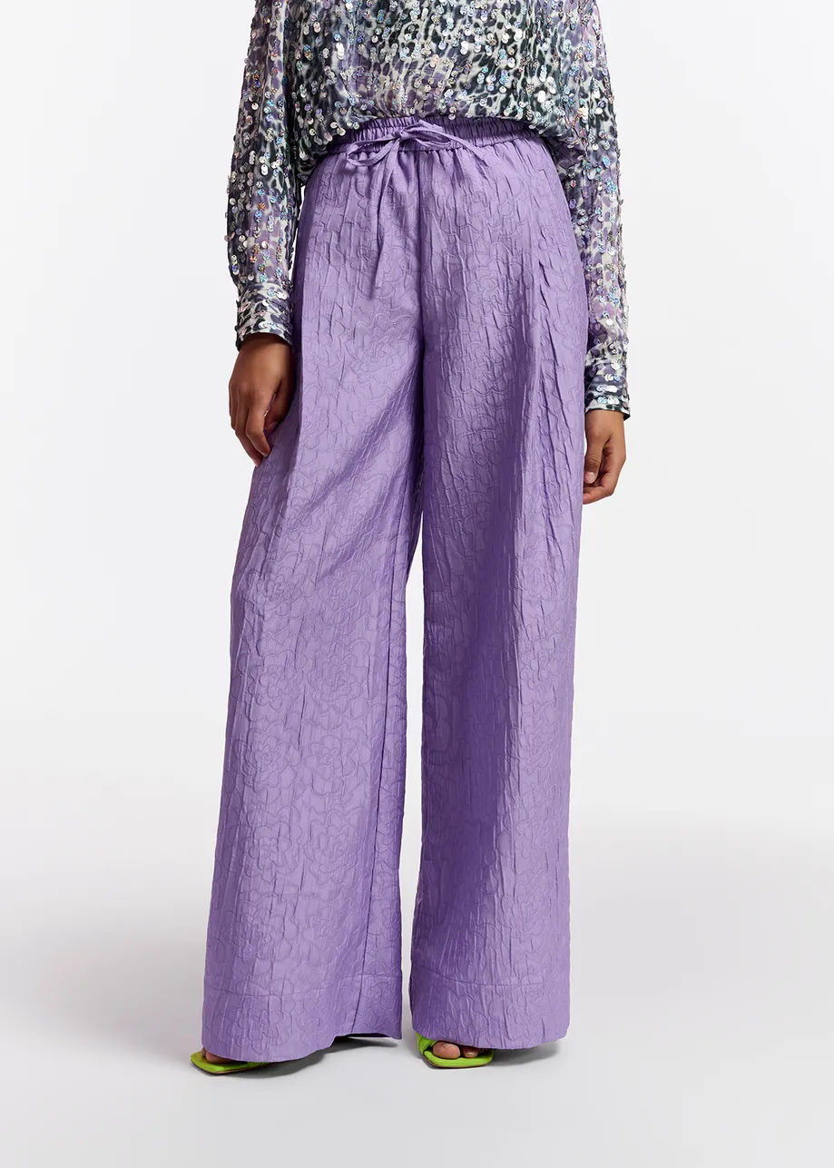 Lilac floral-jacquard wide-leg pants