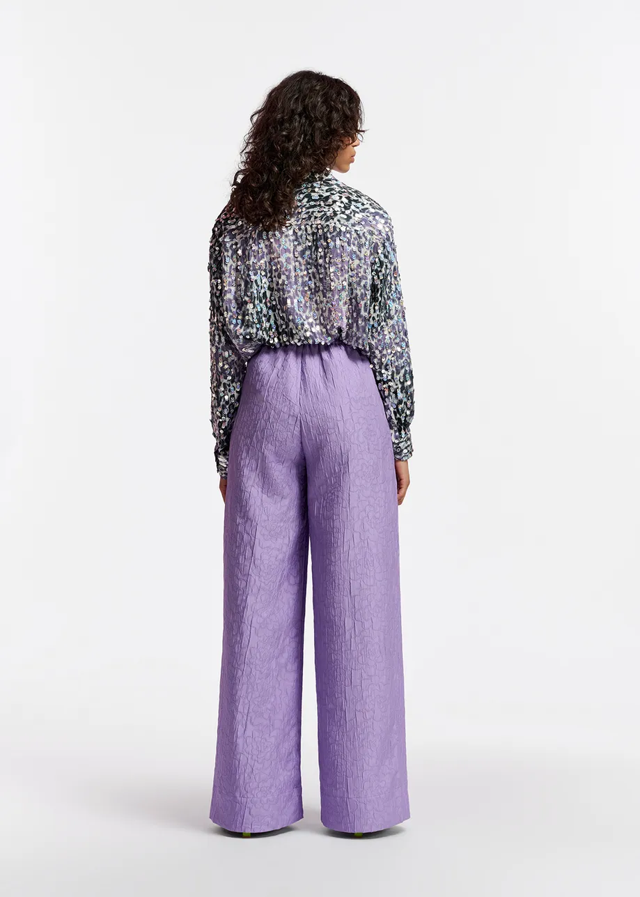 Lilac floral-jacquard wide-leg pants