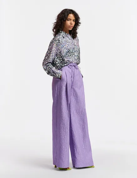 Lilac floral-jacquard wide-leg pants