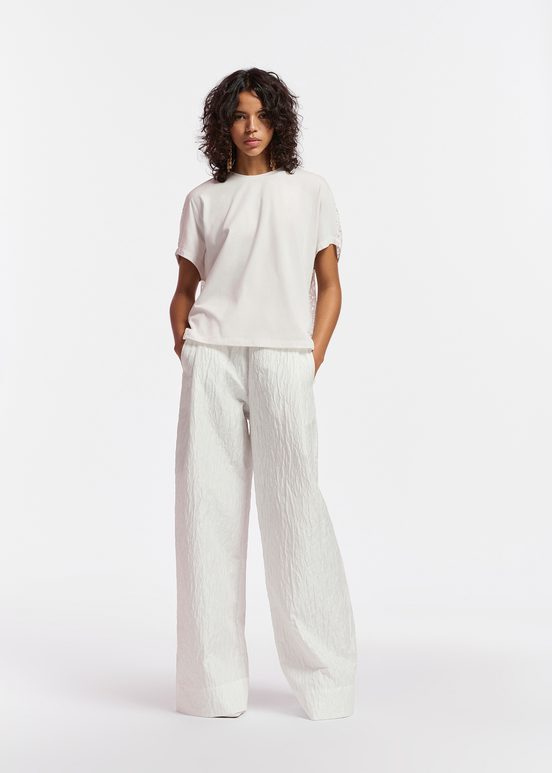 Pantalon large en jacquard fleuri blanc cassé