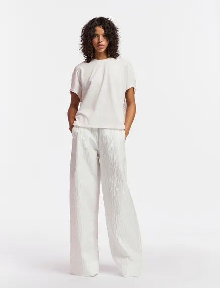 Pantalon large en jacquard fleuri blanc cassé