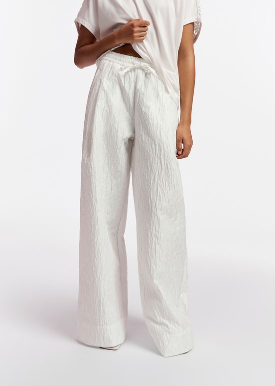 Pantaloni a gamba larga in jacquard floreale bianco sporco