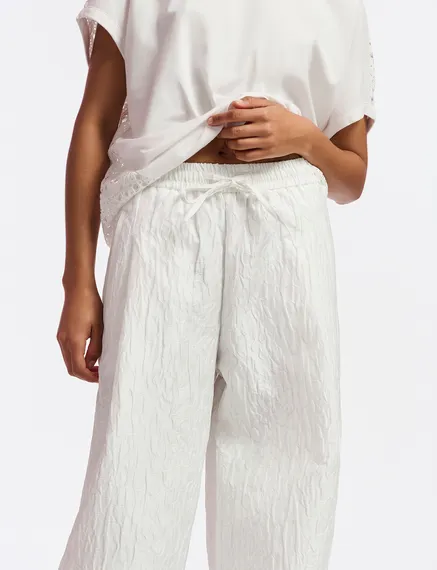 Off-white floral-jacquard wide-leg pants