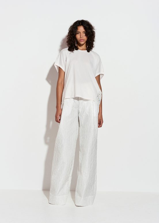 Pantalon large en jacquard fleuri blanc cassé