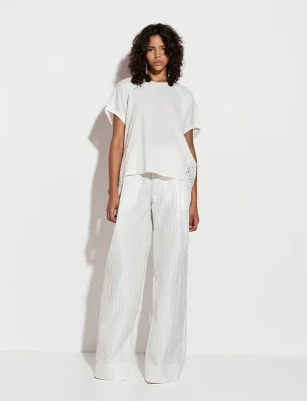 Off-white floral-jacquard wide-leg pants