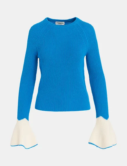 Blauer Rippstrickpullover mit ausgestellten Bündchen