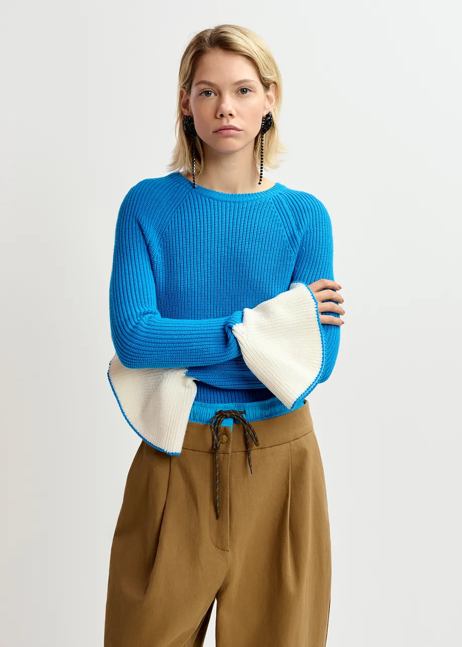 Blue rib-knitted sweater with flared cuffs