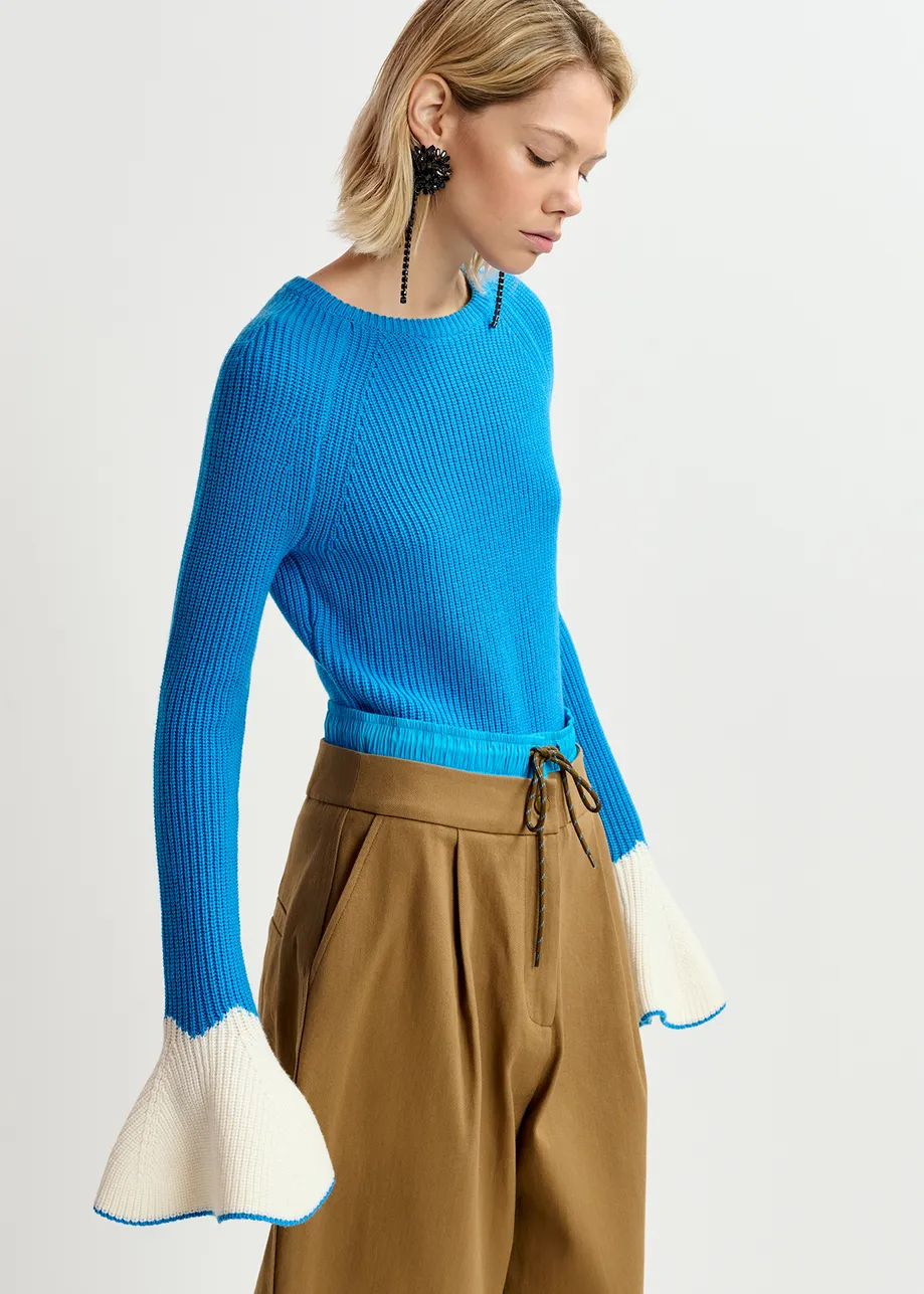 Blue rib-knitted sweater with flared cuffs