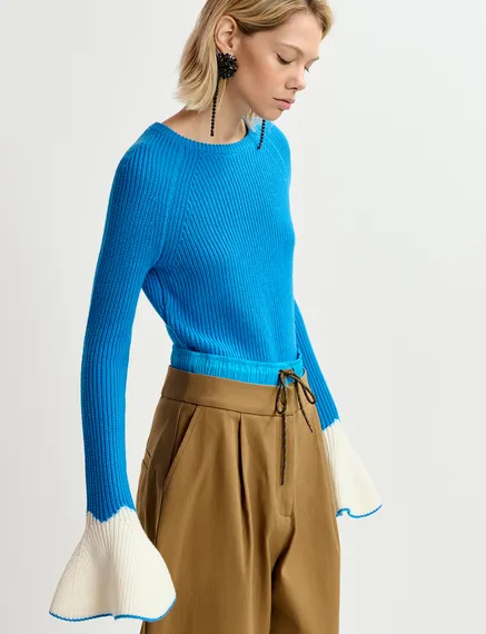 Blue rib-knitted sweater with flared cuffs