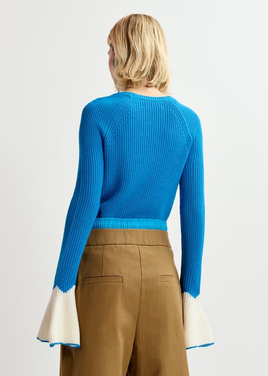 Blue rib-knitted sweater with flared cuffs