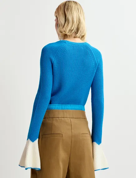 Blue rib-knitted sweater with flared cuffs