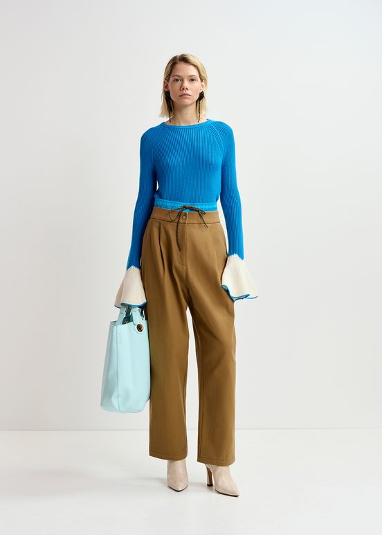 Blue rib-knitted sweater with flared cuffs