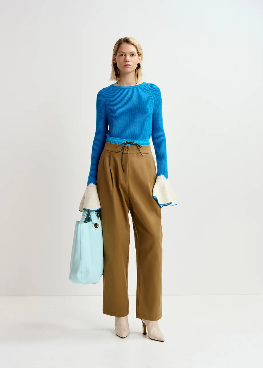 Blue rib-knitted sweater with flared cuffs