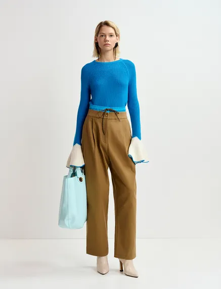 Blue rib-knitted sweater with flared cuffs