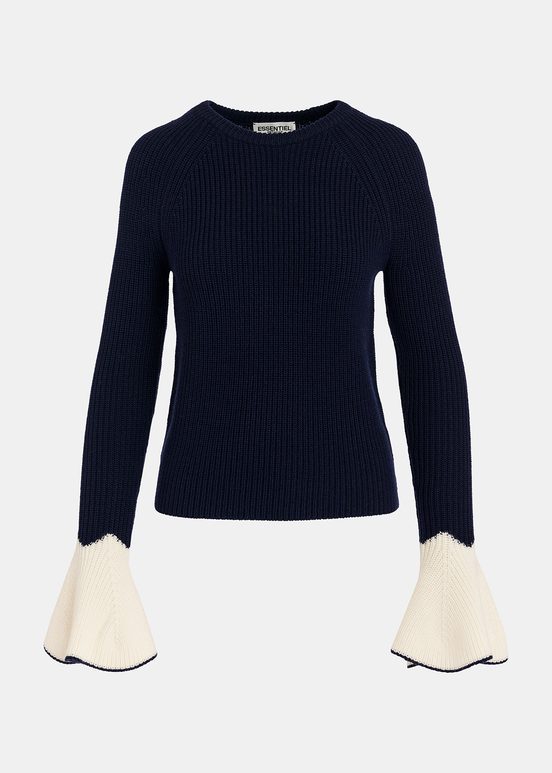 Navy blue rib-knitted sweater with flared cuffs