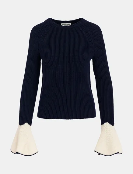 Navy blue rib-knitted sweater with flared cuffs