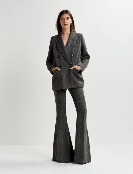 Black herringbone flared pants