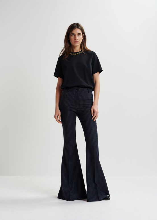 Navy blue pinstriped flared pants