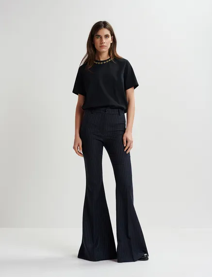 Navy blue pinstriped flared pants