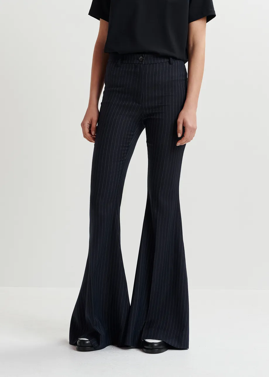 Navy blue pinstriped flared pants