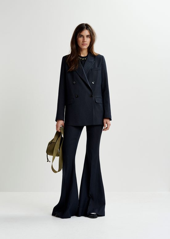 Navy blue pinstriped flared pants