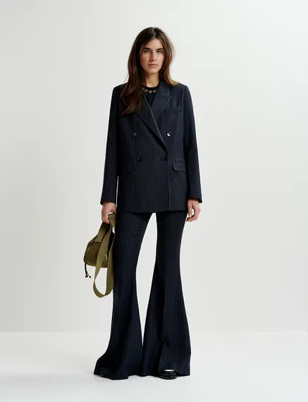 Navy blue pinstriped flared pants