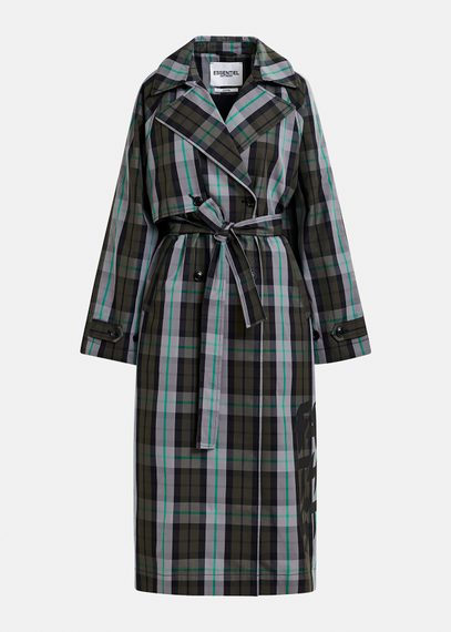 Khaki, grey and black checked trench coat