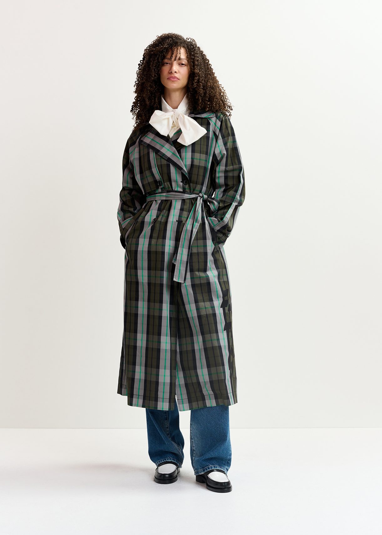 Khaki, grey and black checked trench coat | Essentiel Antwerp