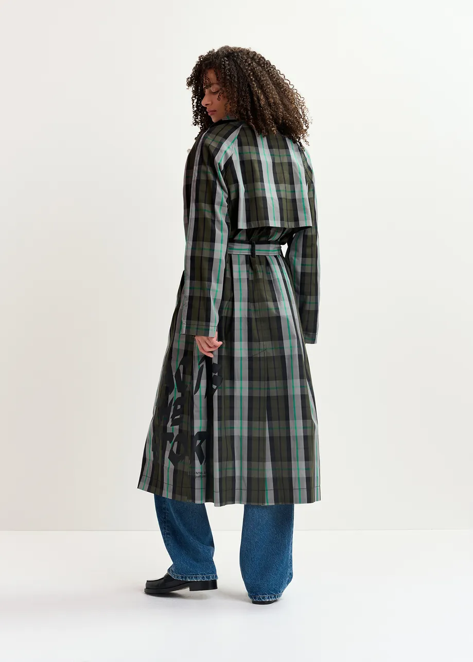 Khaki, grey and black checked trench coat