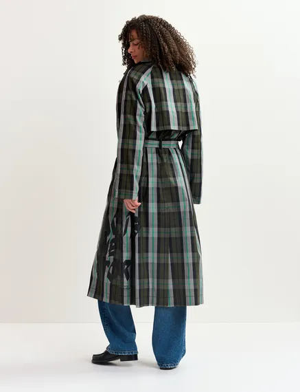 Khaki, grey and black checked trench coat