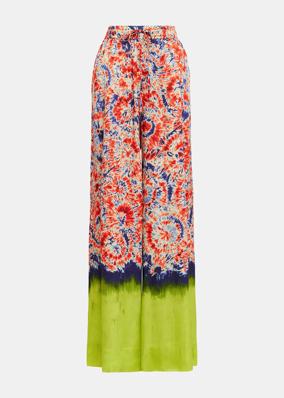 Red and blue printed wide-leg pants with dip-dyed effect