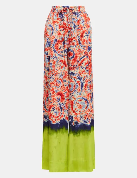 Red and blue printed wide-leg pants with dip-dyed effect